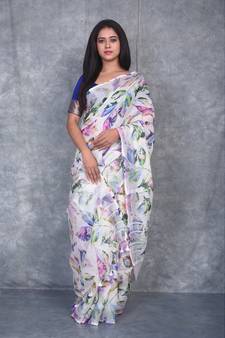multicolor Handloom Linen digital print sarees