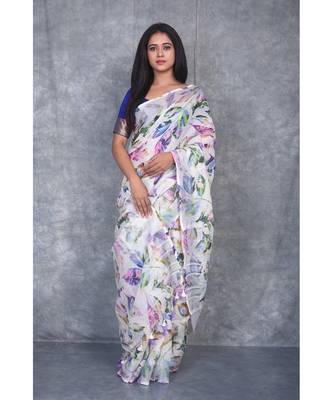 multicolor Handloom Linen digital print sarees 1