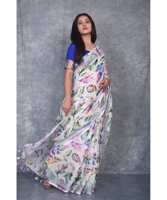 multicolor Handloom Linen digital print sarees 2