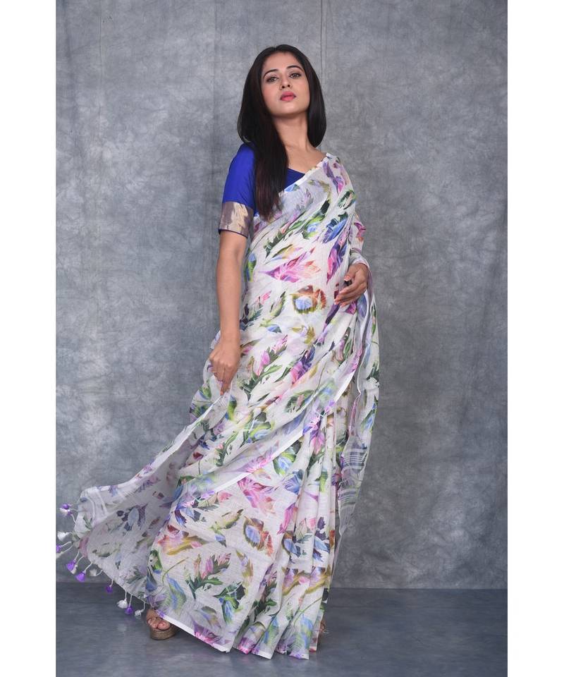 multicolor Handloom Linen digital print sarees