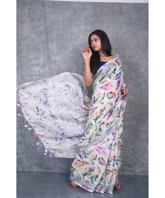 multicolor Handloom Linen digital print sarees 3