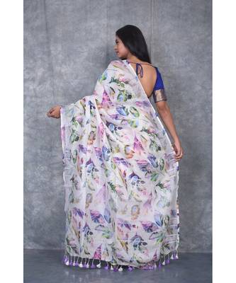 multicolor Handloom Linen digital print sarees 4