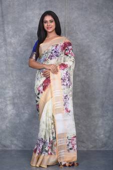 multicolor Handloom Linen digital print sarees