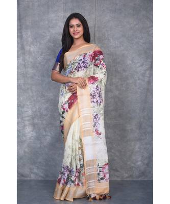 multicolor Handloom Linen digital print sarees 1