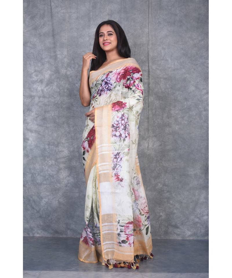 multicolor Handloom Linen digital print sarees