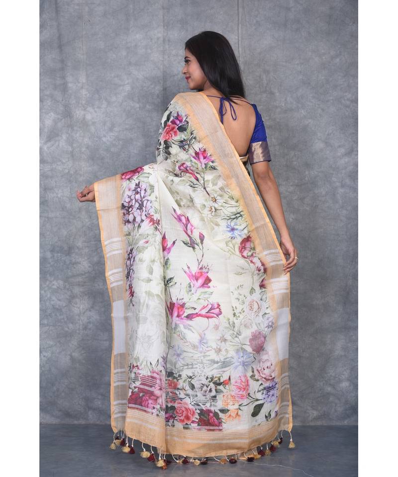 multicolor Handloom Linen digital print sarees