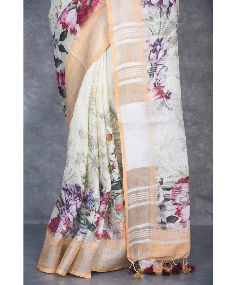 multicolor Handloom Linen digital print sarees