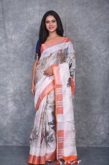 multicolor Handloom Linen digital print sarees
