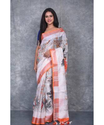 multicolor Handloom Linen digital print sarees 1