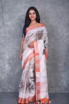 multicolor Handloom Linen digital print sarees