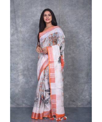 multicolor Handloom Linen digital print sarees 2
