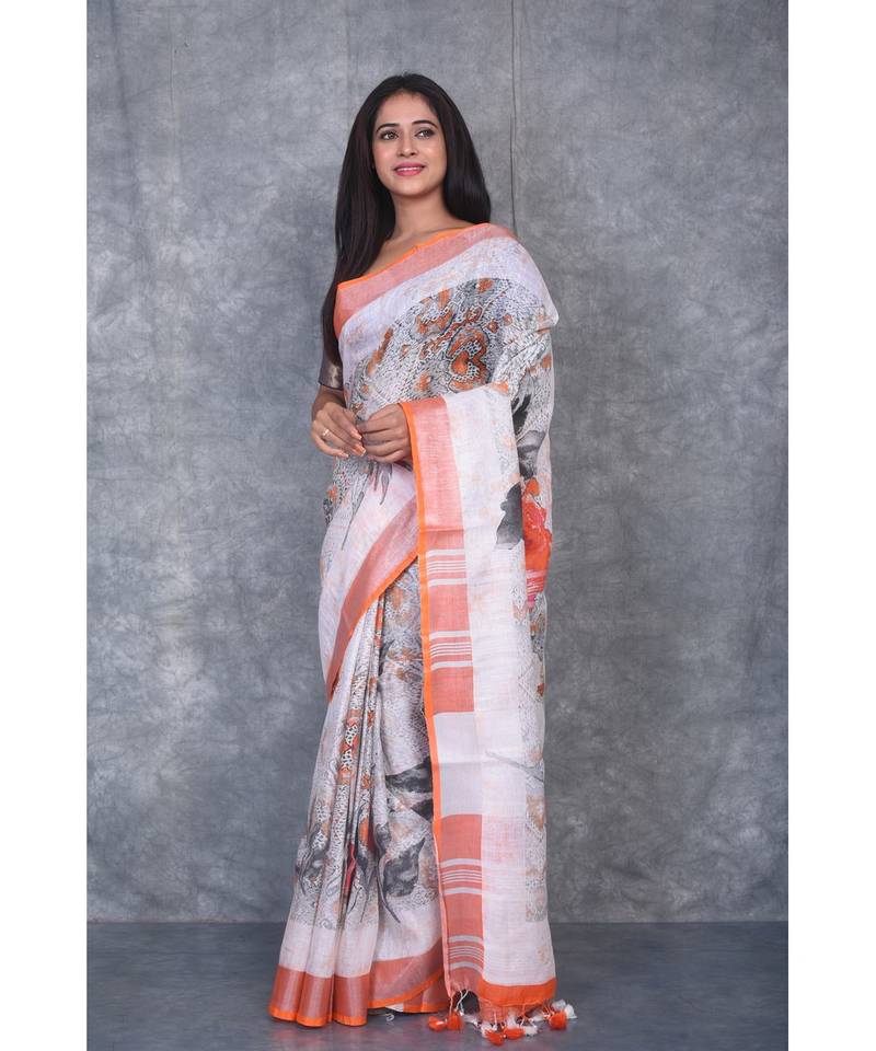 multicolor Handloom Linen digital print sarees