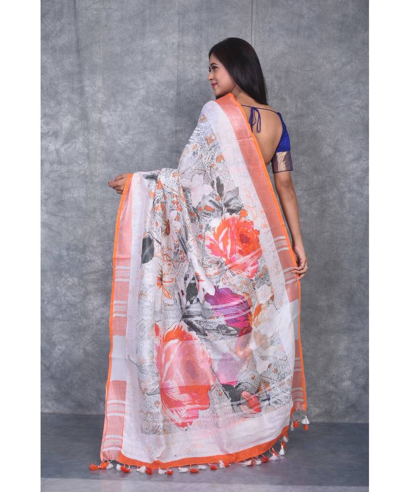 multicolor Handloom Linen digital print sarees