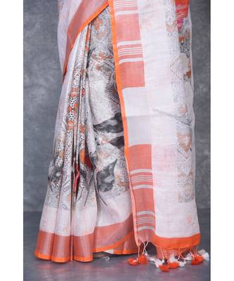multicolor Handloom Linen digital print sarees 4