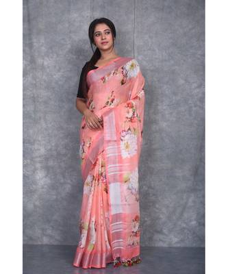 multicolor Handloom Linen digital print sarees 1