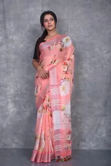 multicolor Handloom Linen digital print sarees