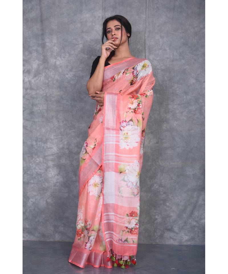 multicolor Handloom Linen digital print sarees
