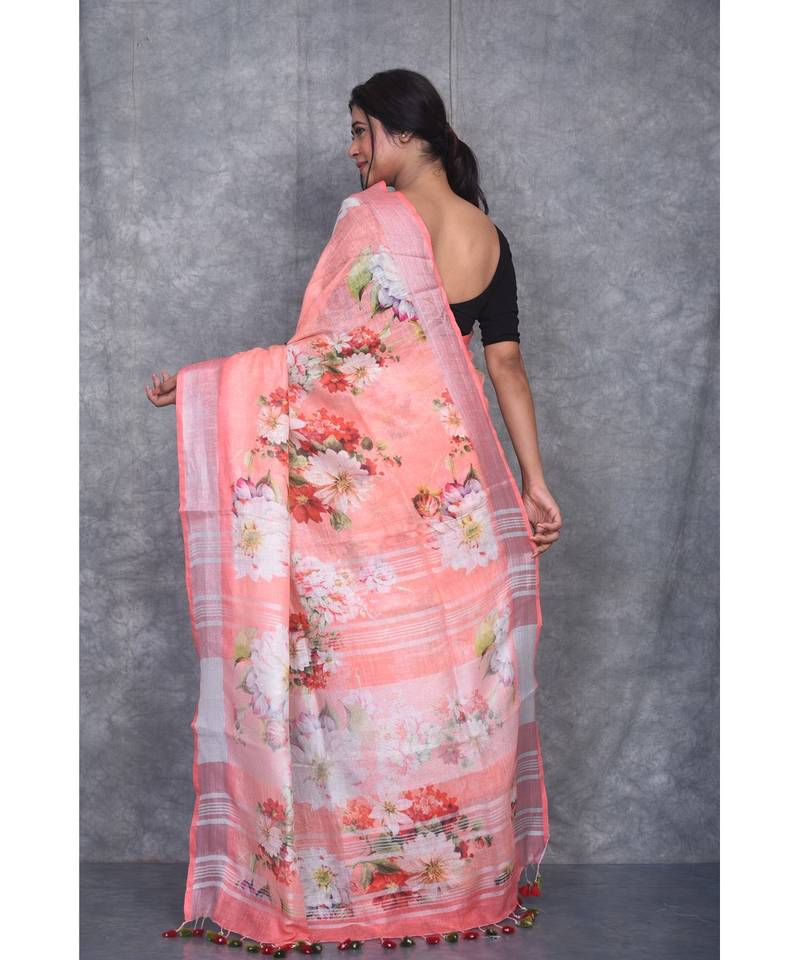 multicolor Handloom Linen digital print sarees