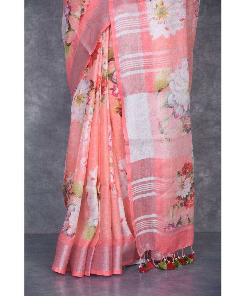 multicolor Handloom Linen digital print sarees