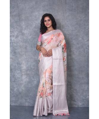 multicolor Handloom linen Banarsi Saree With Digital Print 1
