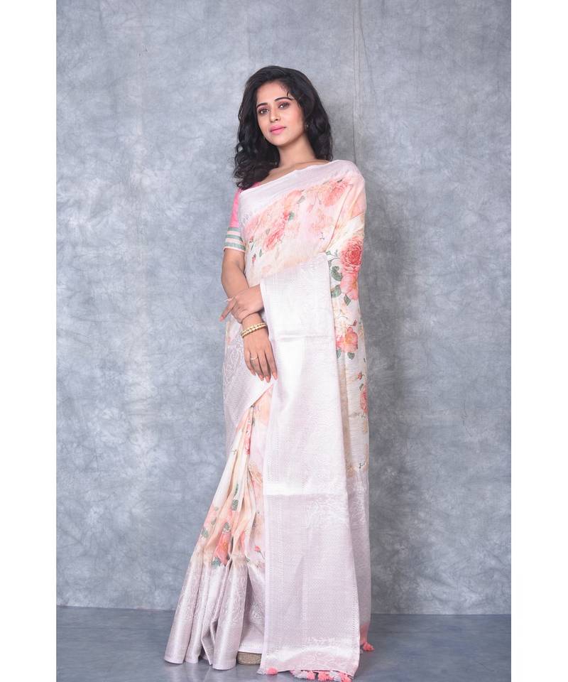 multicolor Handloom linen Banarsi Saree With Digital Print