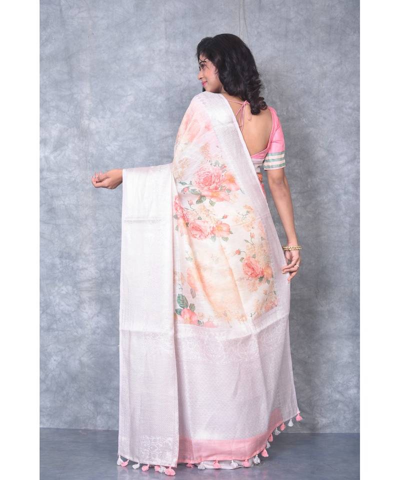 multicolor Handloom linen Banarsi Saree With Digital Print