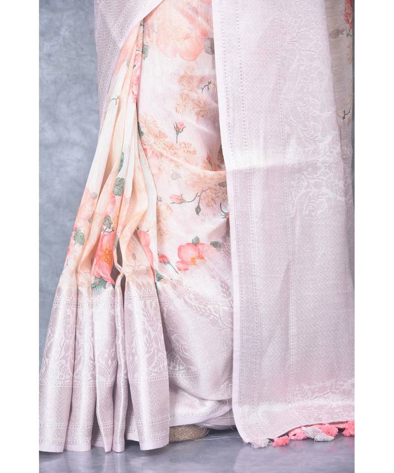 multicolor Handloom linen Banarsi Saree With Digital Print