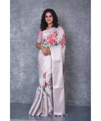 multicolor Handloom linen Banarsi Saree With Digital Print 1