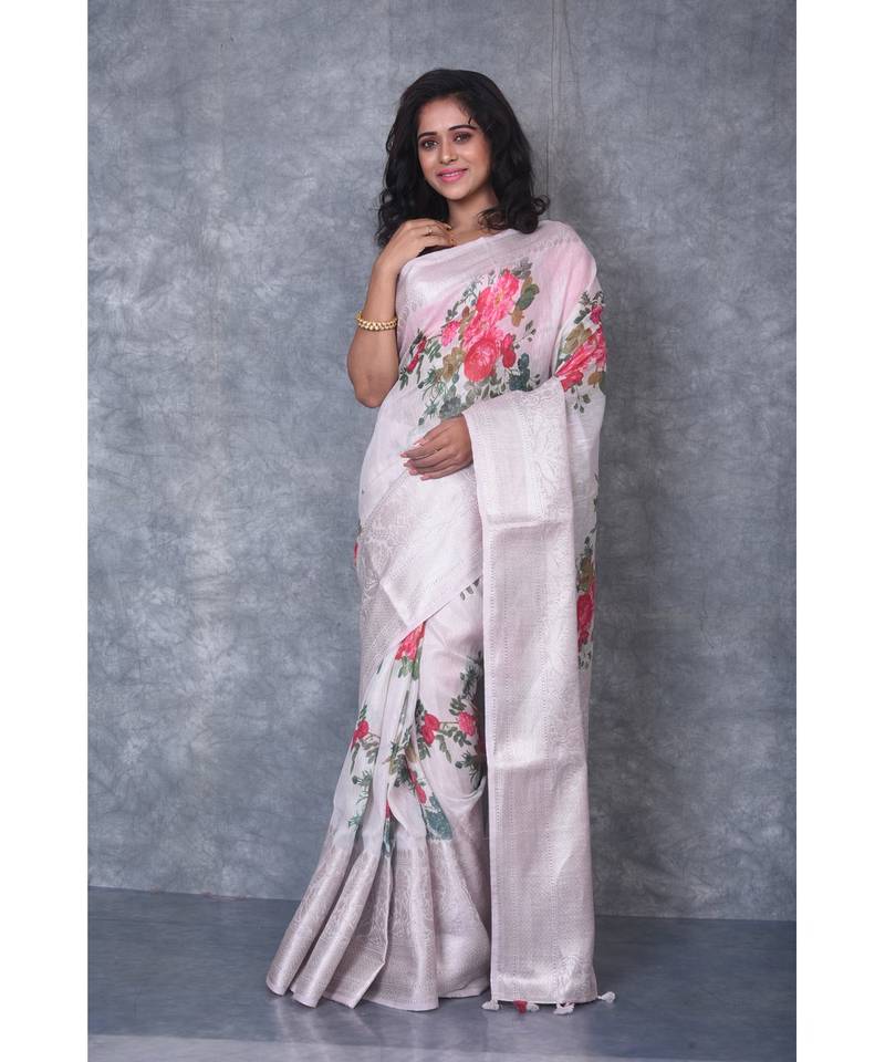 multicolor Handloom linen Banarsi Saree With Digital Print