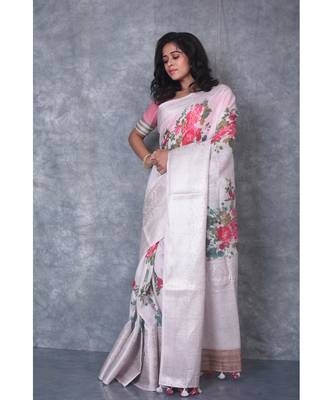 multicolor Handloom linen Banarsi Saree With Digital Print 3