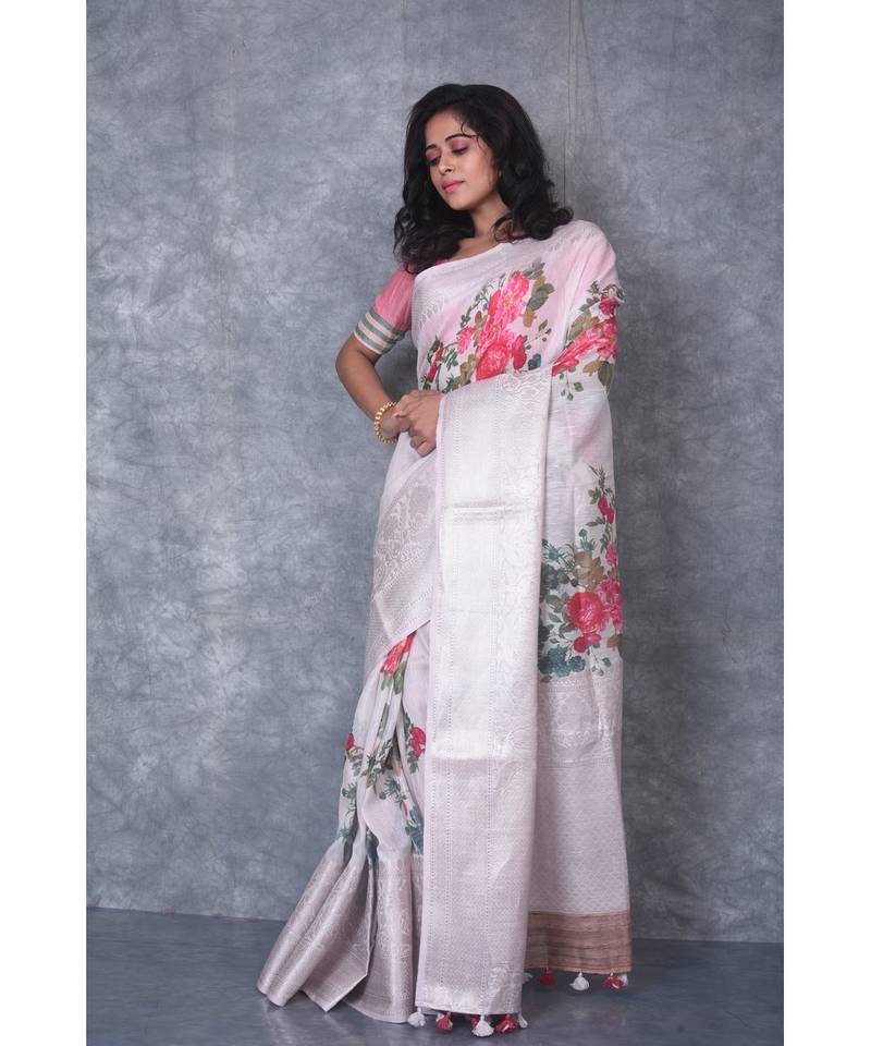 multicolor Handloom linen Banarsi Saree With Digital Print