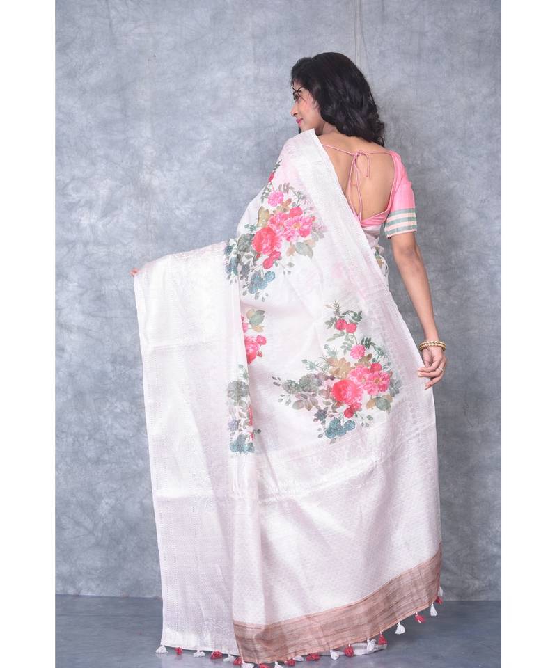 multicolor Handloom linen Banarsi Saree With Digital Print