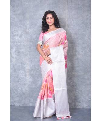 multicolor Handloom linen Banarsi Saree With Digital Print 1