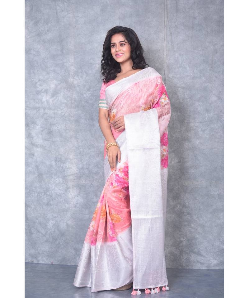 multicolor Handloom linen Banarsi Saree With Digital Print
