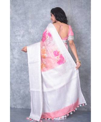 multicolor Handloom linen Banarsi Saree With Digital Print 3