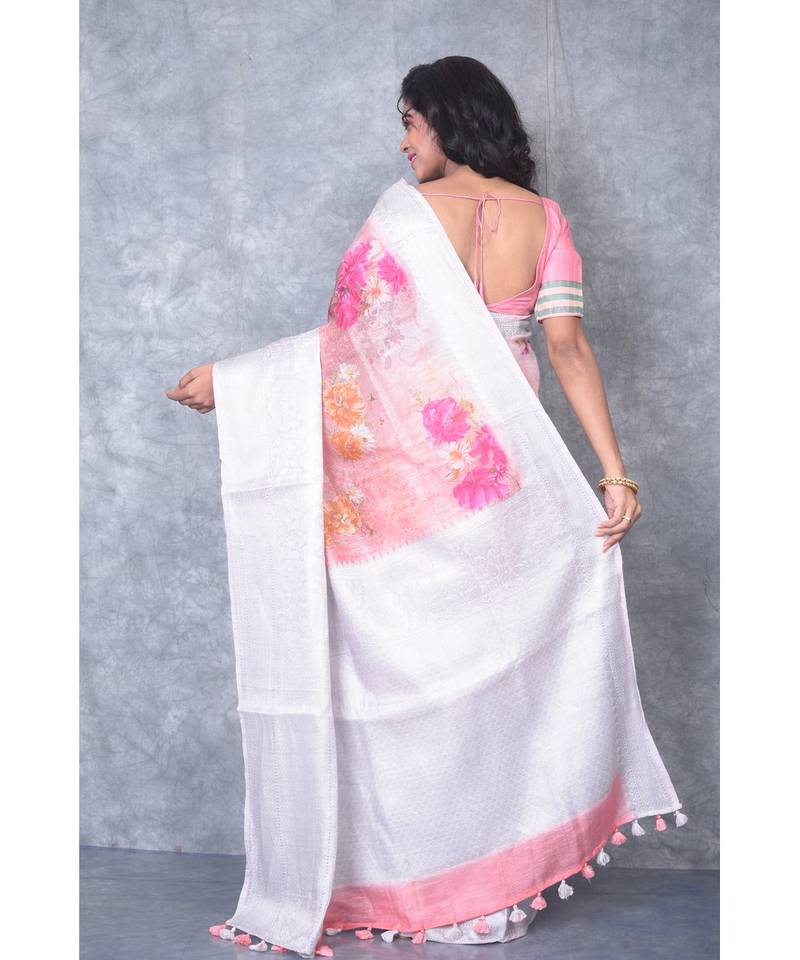 multicolor Handloom linen Banarsi Saree With Digital Print