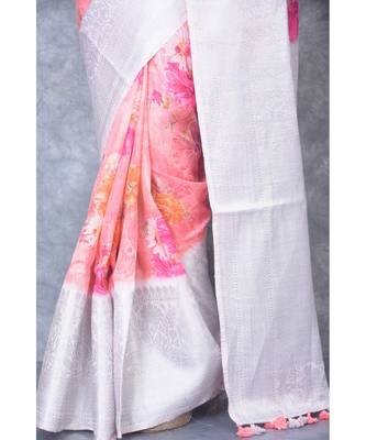 multicolor Handloom linen Banarsi Saree With Digital Print 4