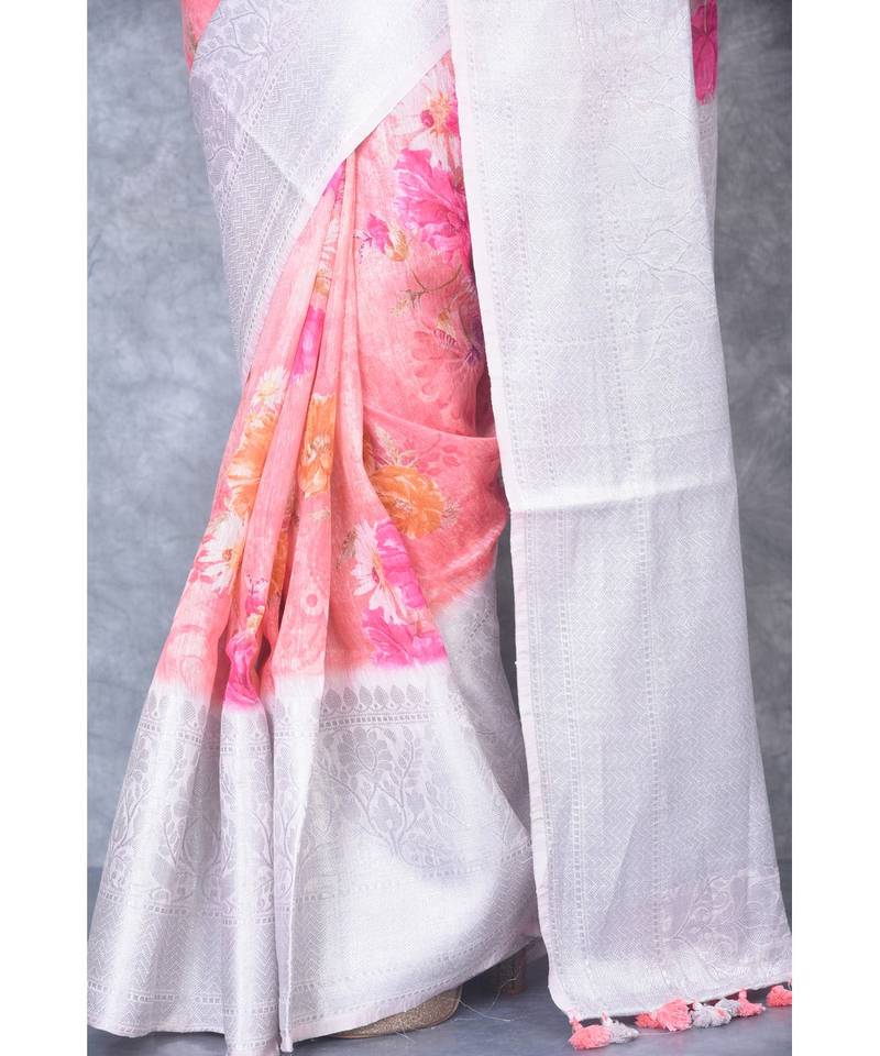 multicolor Handloom linen Banarsi Saree With Digital Print