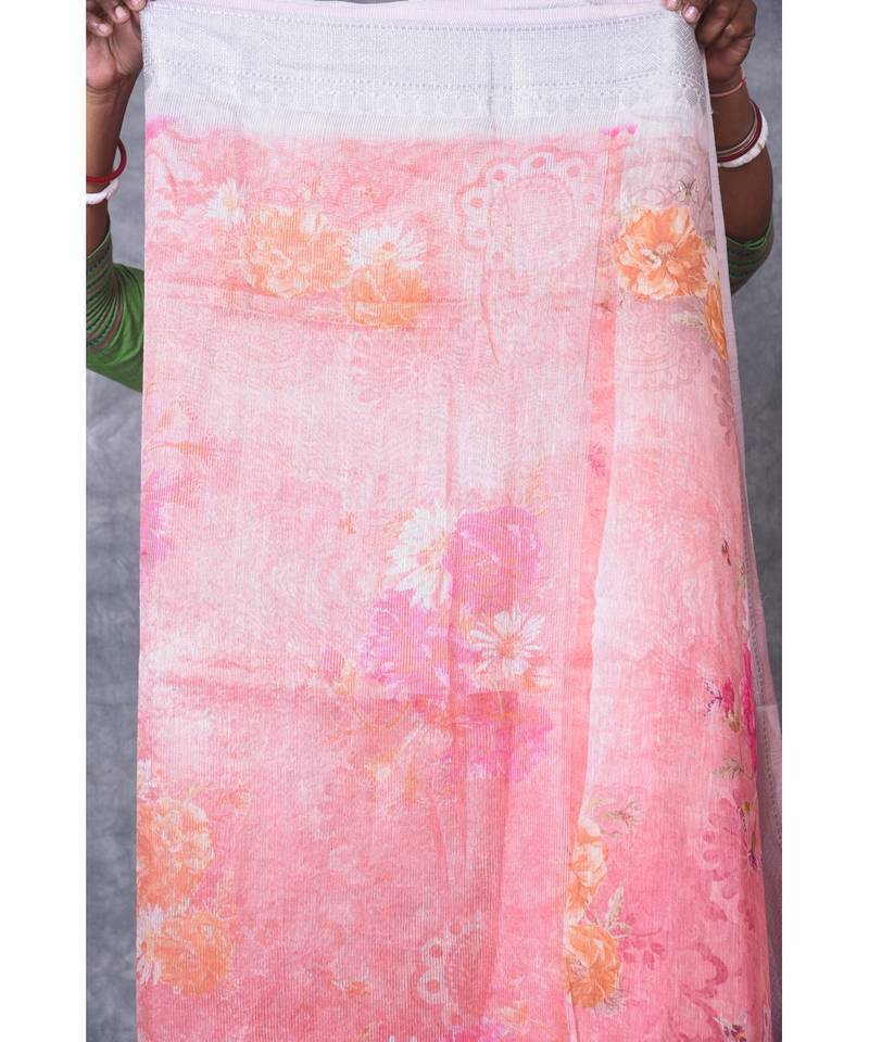 multicolor Handloom linen Banarsi Saree With Digital Print