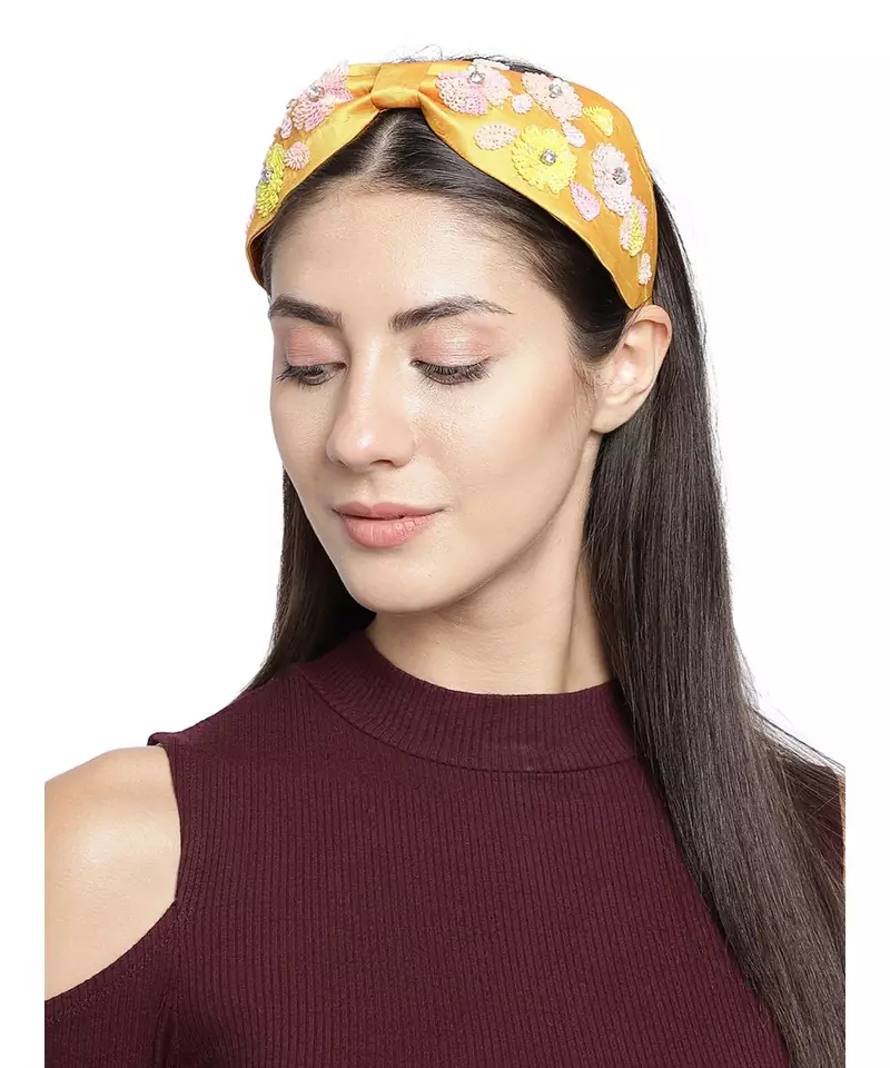 Orange & Multi Floral Embellished Faux Silk  Hair Band