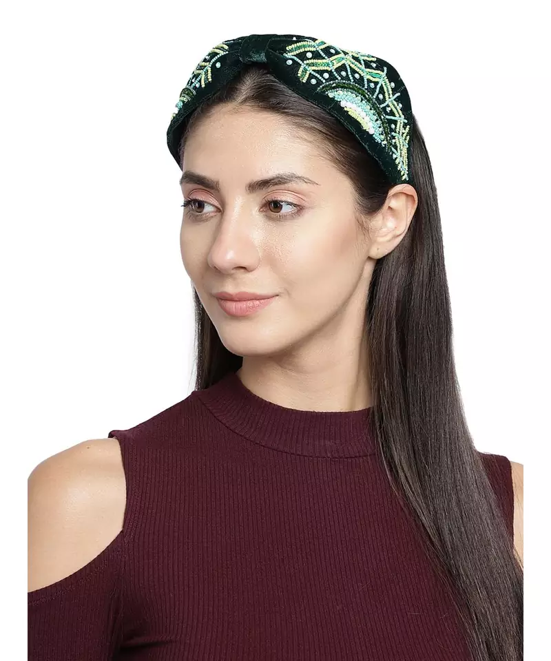 Dark Green & Multi Quirky Embellished Velvet  Hair Band