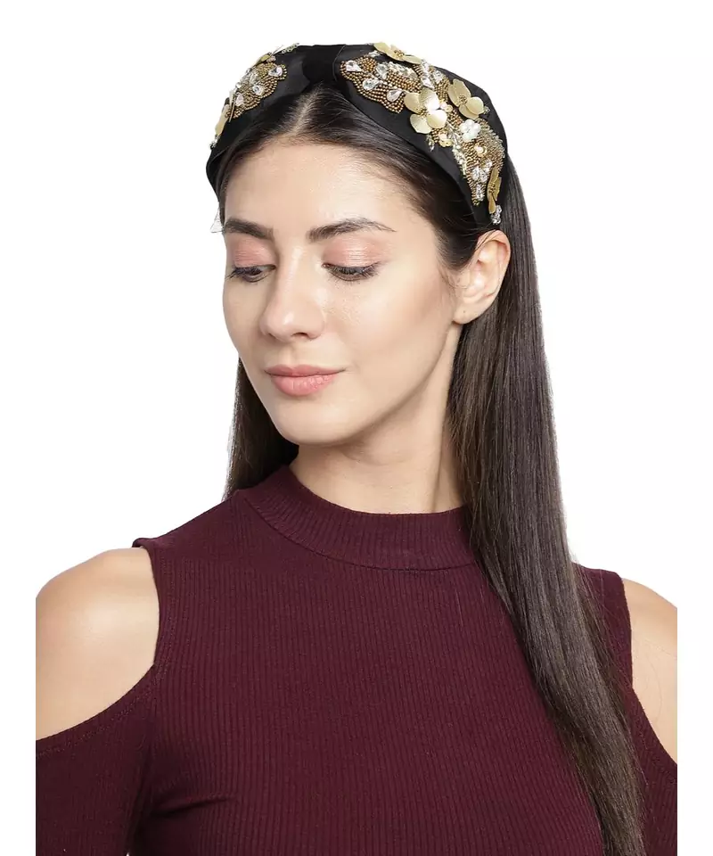 Black & Gold Floral Embellished Faux Silk  Hair Band