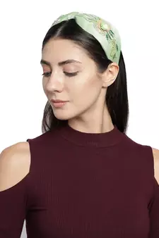 Pastel Green & Gold Floral Embellished Faux Silk  Hair Band