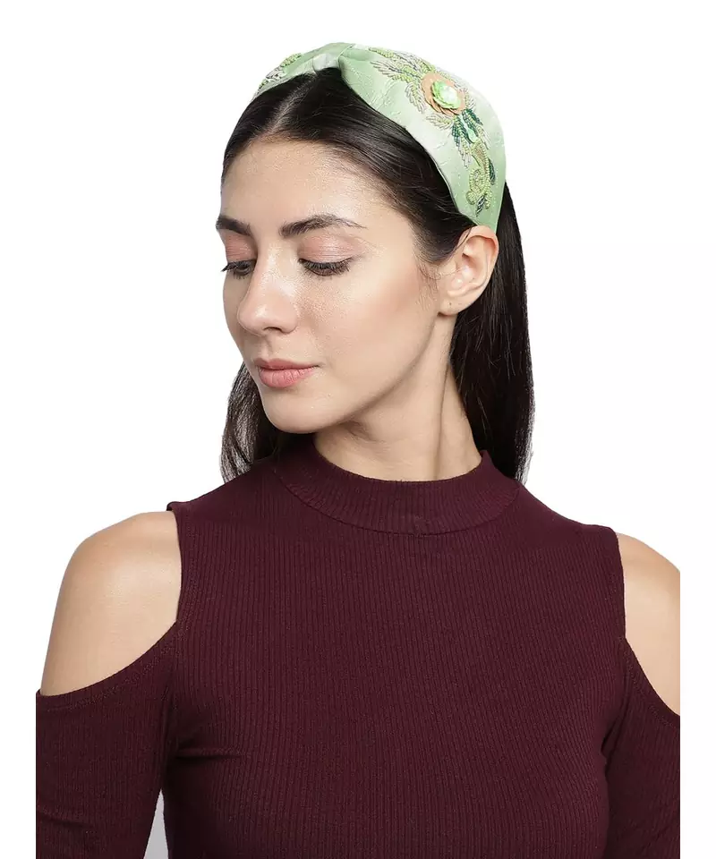 Pastel Green & Gold Floral Embellished Faux Silk  Hair Band