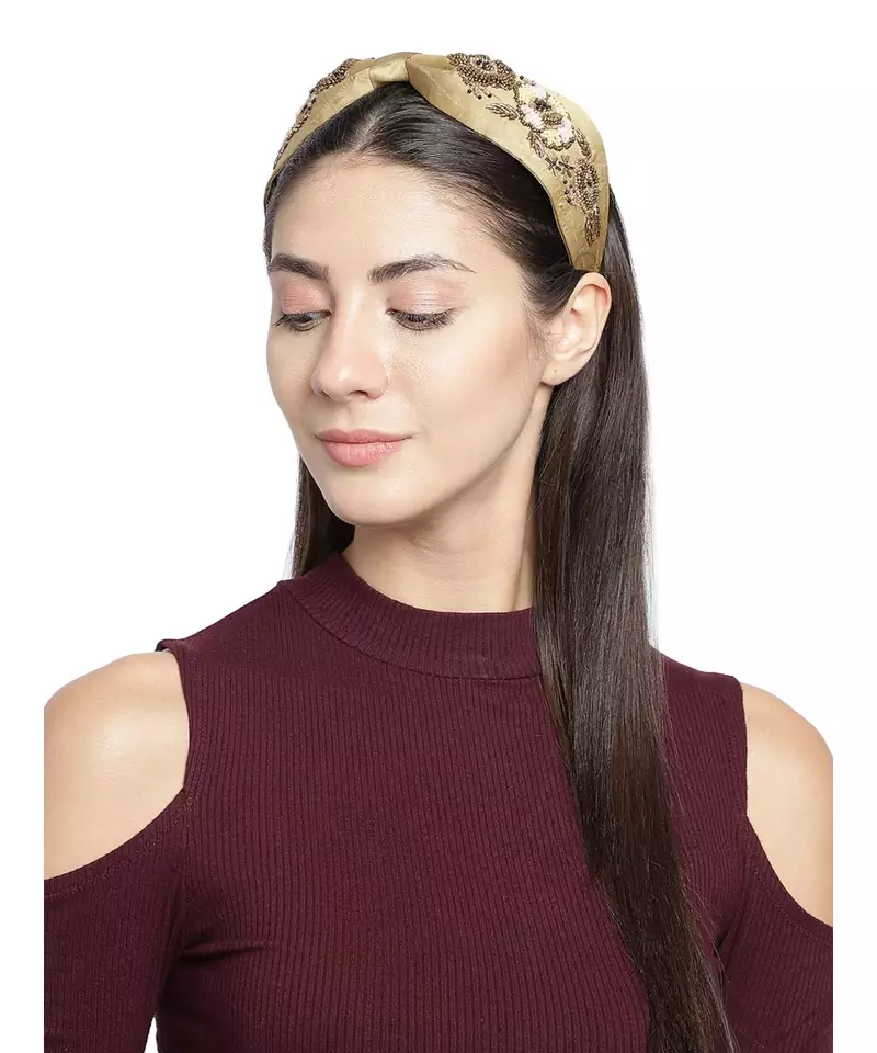 Copper & Multi Floral Embellished Faux Silk  Hair Band