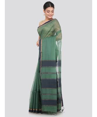 green Women s green hand woven handloom sarees With Blouse 2