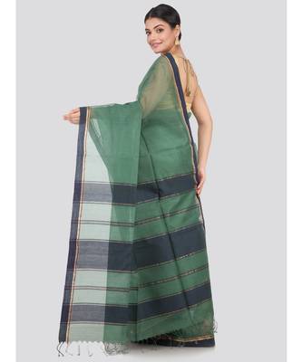 green Women s green hand woven handloom sarees With Blouse 3