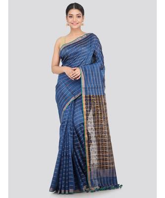 blue Women s blue hand woven handloom sarees With Blouse 1