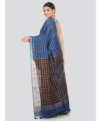 blue Women s blue hand woven handloom sarees With Blouse 3