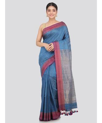 blue Women s blue hand woven handloom sarees With Blouse 1